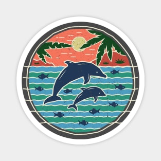 Dolphins - Rustic Sunset Paradise Scene Magnet